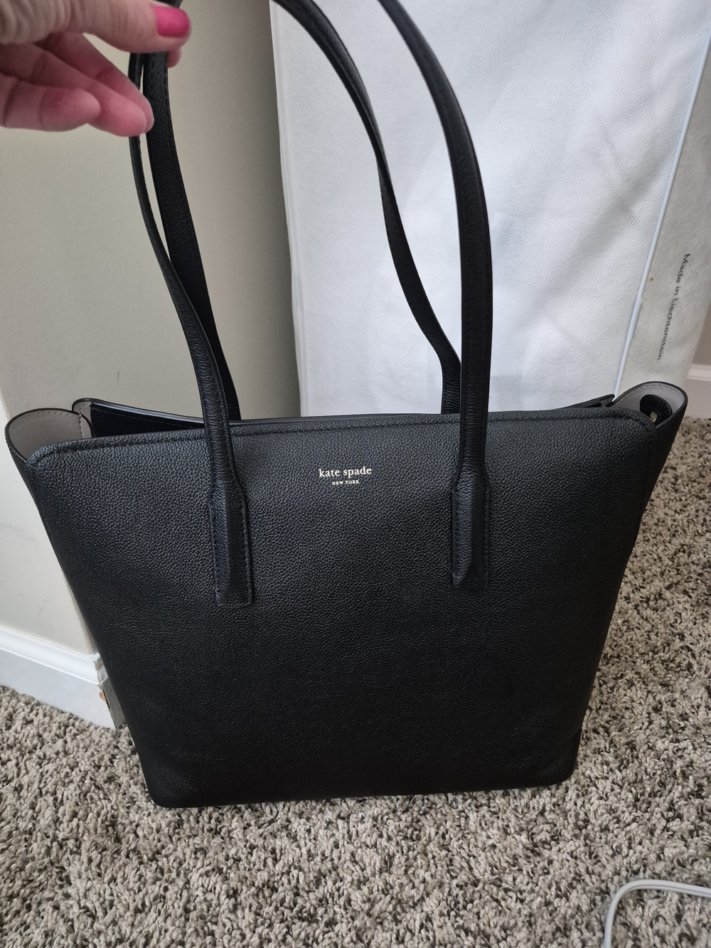 kate spade Black Pebbled Leather Shopper Tote with Gold Logo